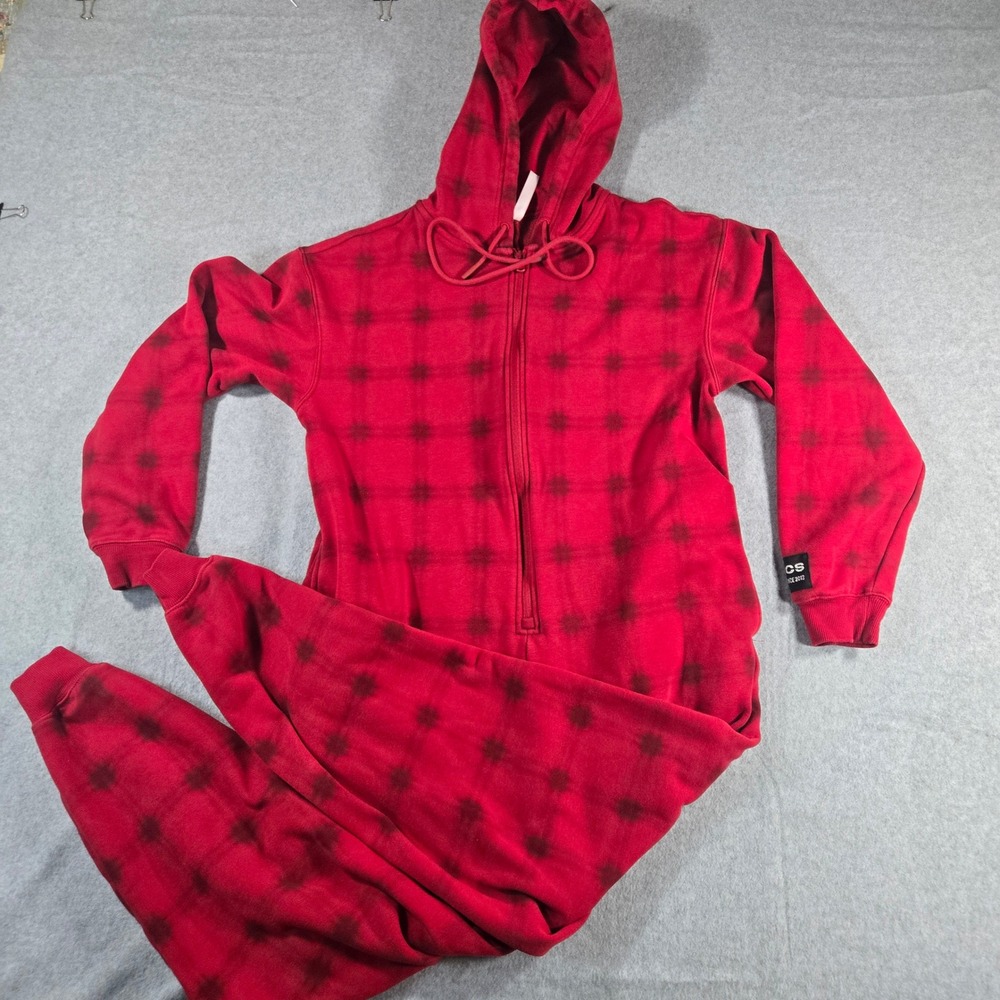 Fabletics Red Tie Dye Grid Hooded Fleece Lounge Suit Jumpsuit Mens Medium